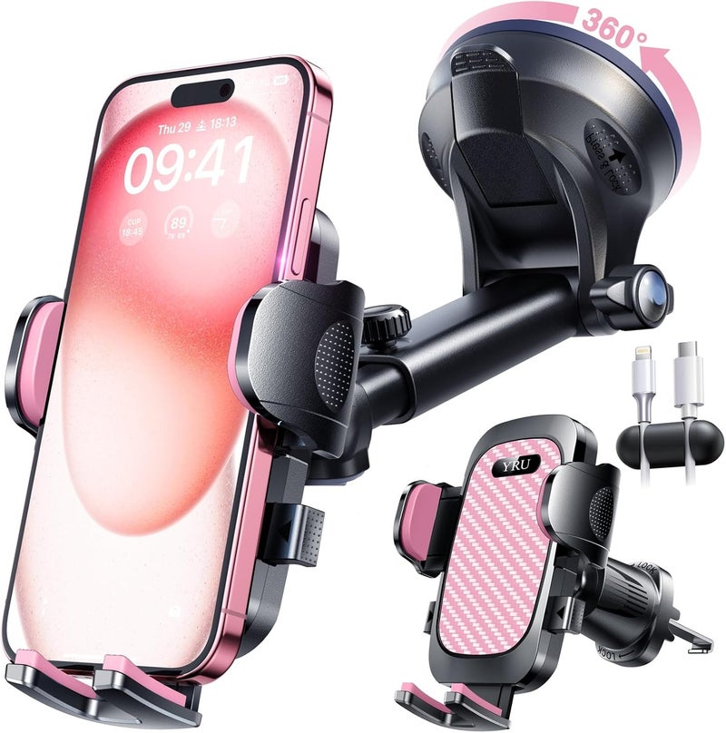 YRU True Military-Grade [360° Rotation Suction] 2025 Ultimate Car Phone Holder Mount 【90+LBS Safest Strongest & Patent Certs】 Dashboard Windshield Vent for iPhone 17 16 Pro Max Samsung, Pale Pink - Image 1